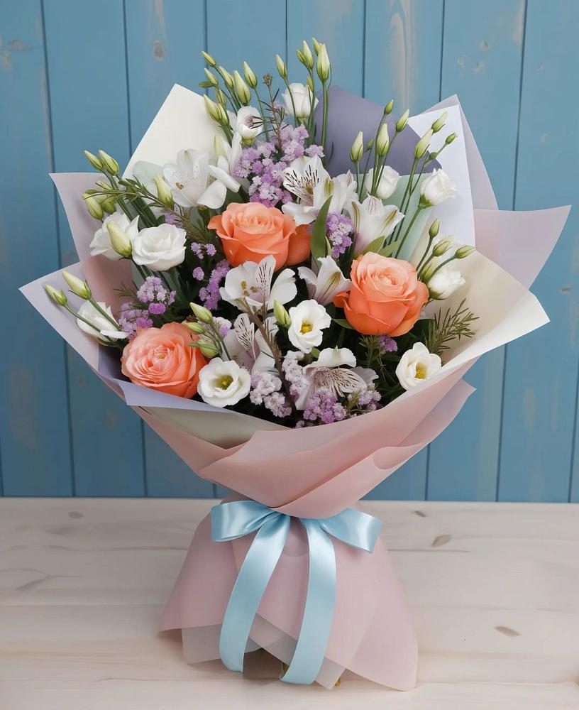 Букет цветов из: Лизиантусы, Розы, Альстромерии и Гипсофила в Татищево