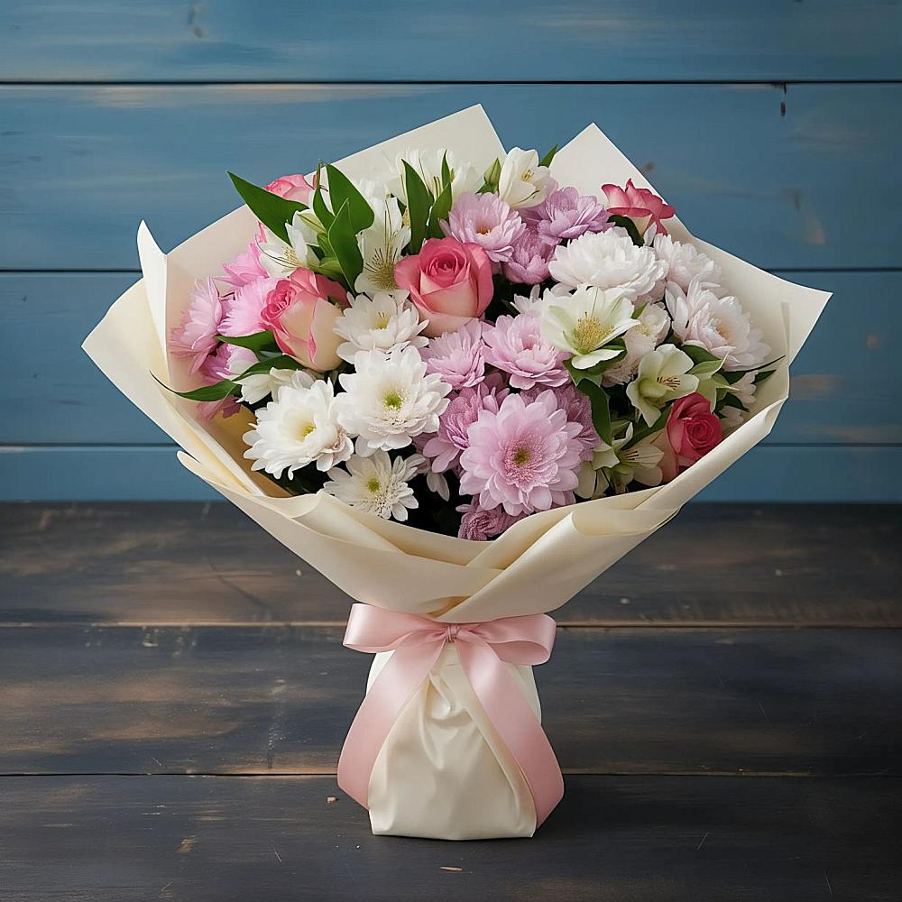 Букет цветов из: Хризантемы, Альстромерии и Розы в Татищево